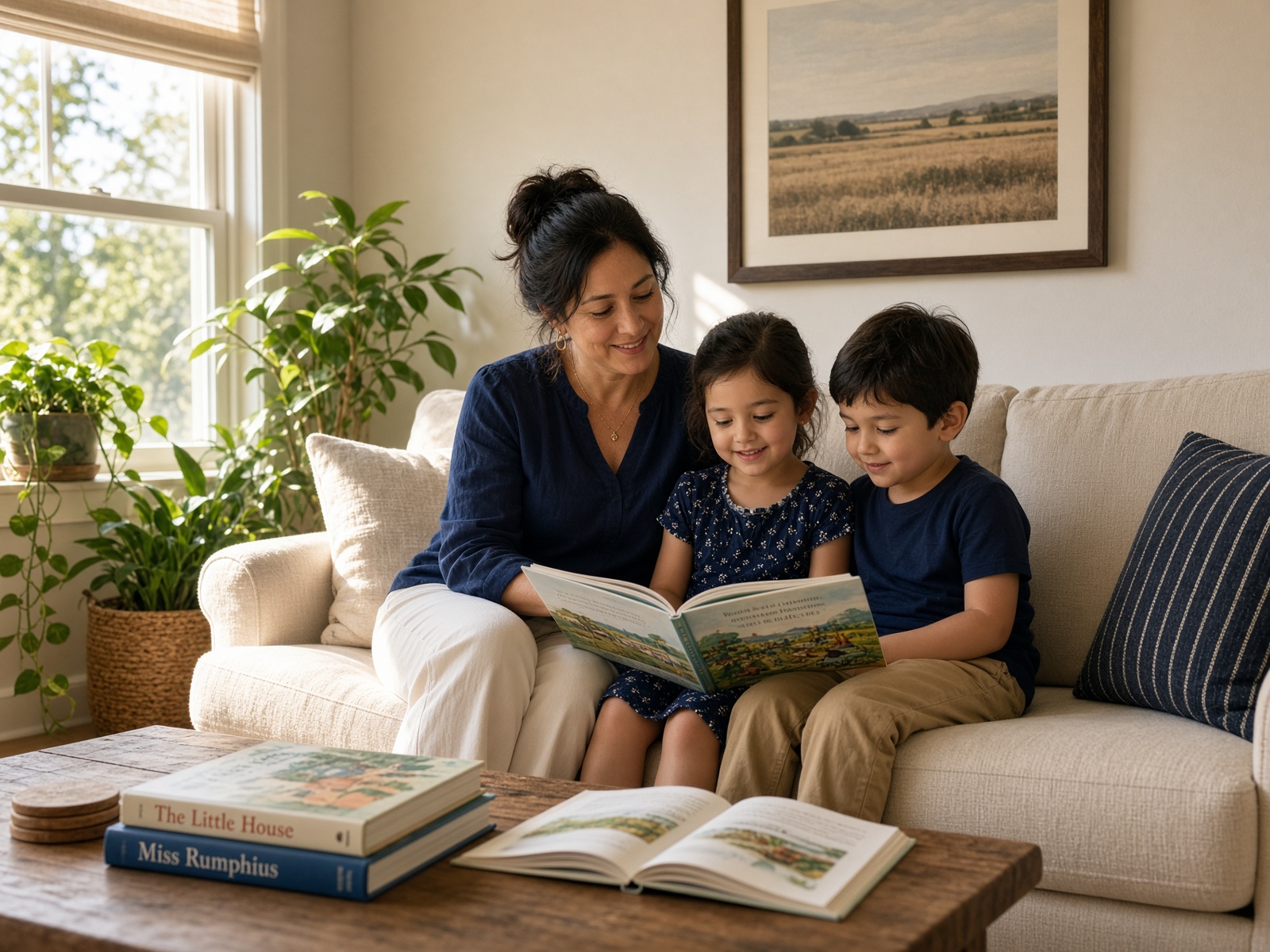 A family at home in a sunlit living room