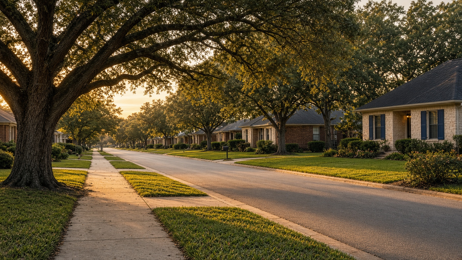 A tree-lined neighborhood street in Central Texas